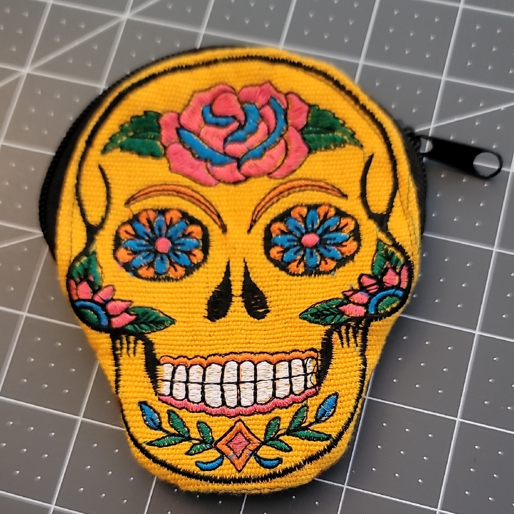 Handmade Floral Sugar Skull Embroidered Pouch NWOT